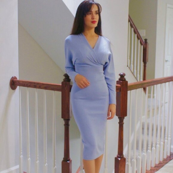 Light Blue Knit Midi Dress - Picture 1 of 5